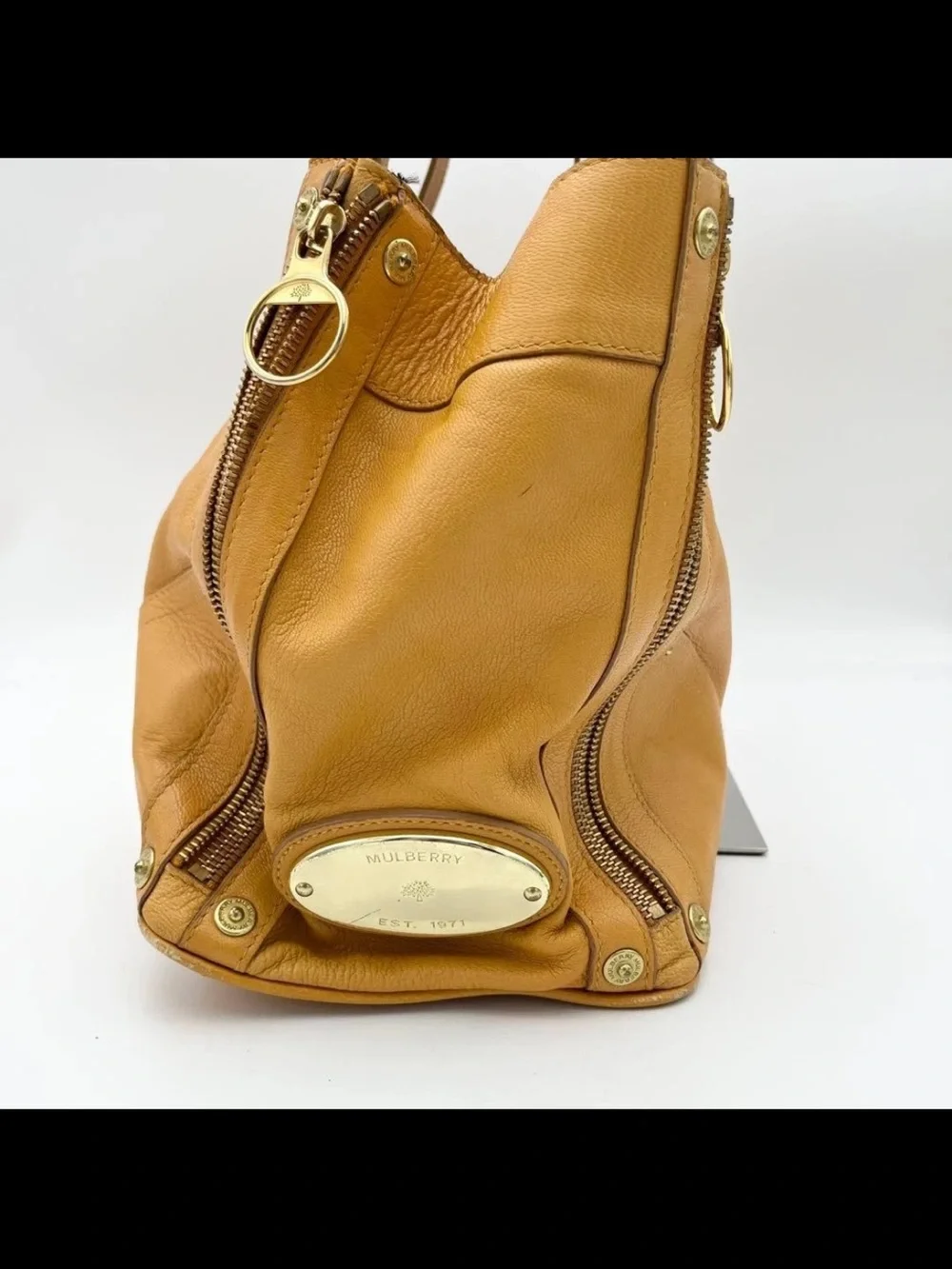 Mulberry Honey Tan Leather Drawstring Tote with Gold Hardware